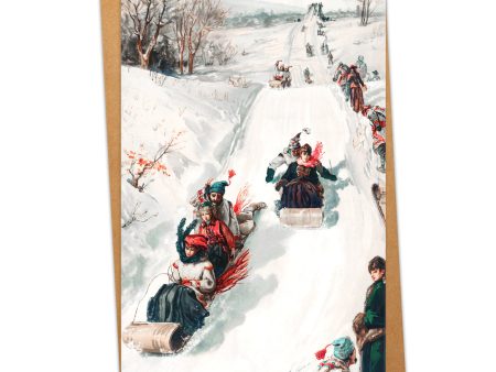 Fun Winter Tobogganing Retro Christmas Card, Personalised or Blank on Sale