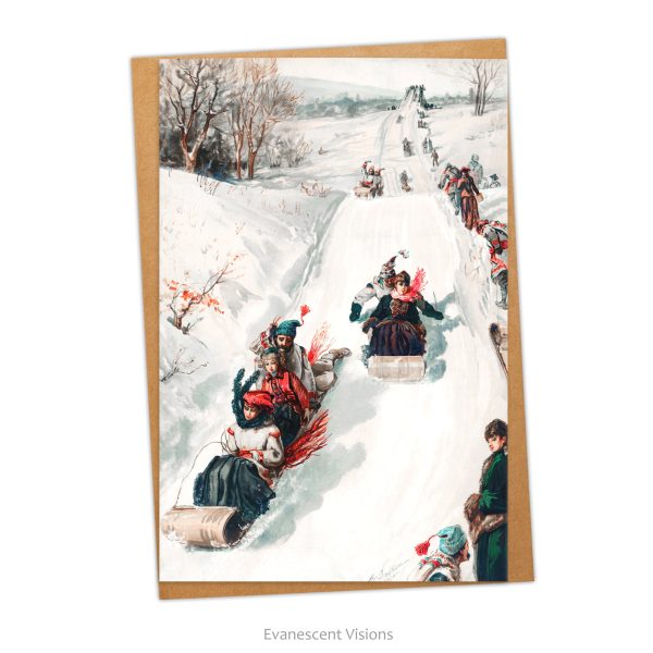 Fun Winter Tobogganing Retro Christmas Card, Personalised or Blank on Sale