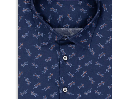 Navy Lizard Print Short Sleeve Shirt For Cheap