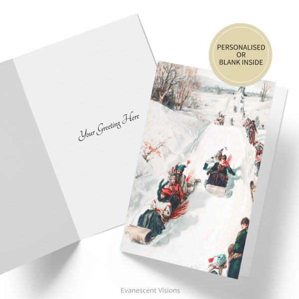 Fun Winter Tobogganing Retro Christmas Card, Personalised or Blank on Sale