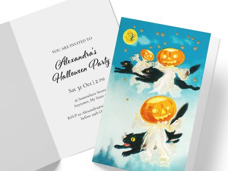 Halloween Invitation Cards, Vintage Black Cats and Pumpkins on Sale